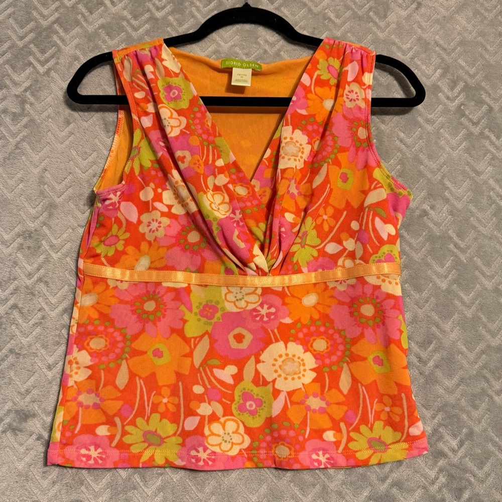 Sigrid Olsen Petite M Floral Sleeveless Top Orange Pink V Neck Stretch